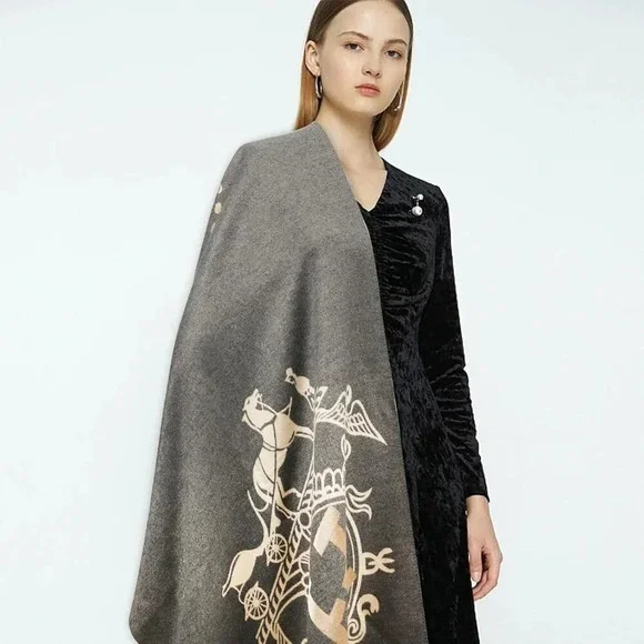 Women Grey Scarfs Pashmina Silky Shawl  Wrap Blanket Open Front Poncho Cape - Picture 6 of 8